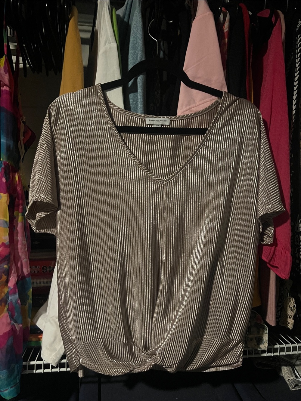 Carolina Belle Metallic Taupe V-Neck Short Sleeve Top